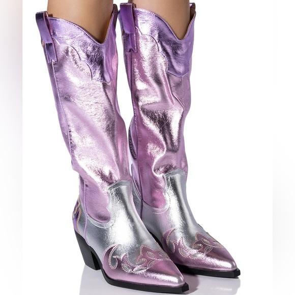 Azalea Wang Shoes - Women's Metallic Lavender & Silver Western Heeled Boots